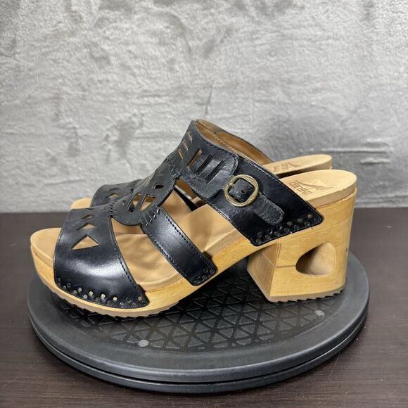 Dansko Womens Size 10-10.5 Oralee Black Cutout Boho Wood Chunky Heel Mules - Picture 3 of 7